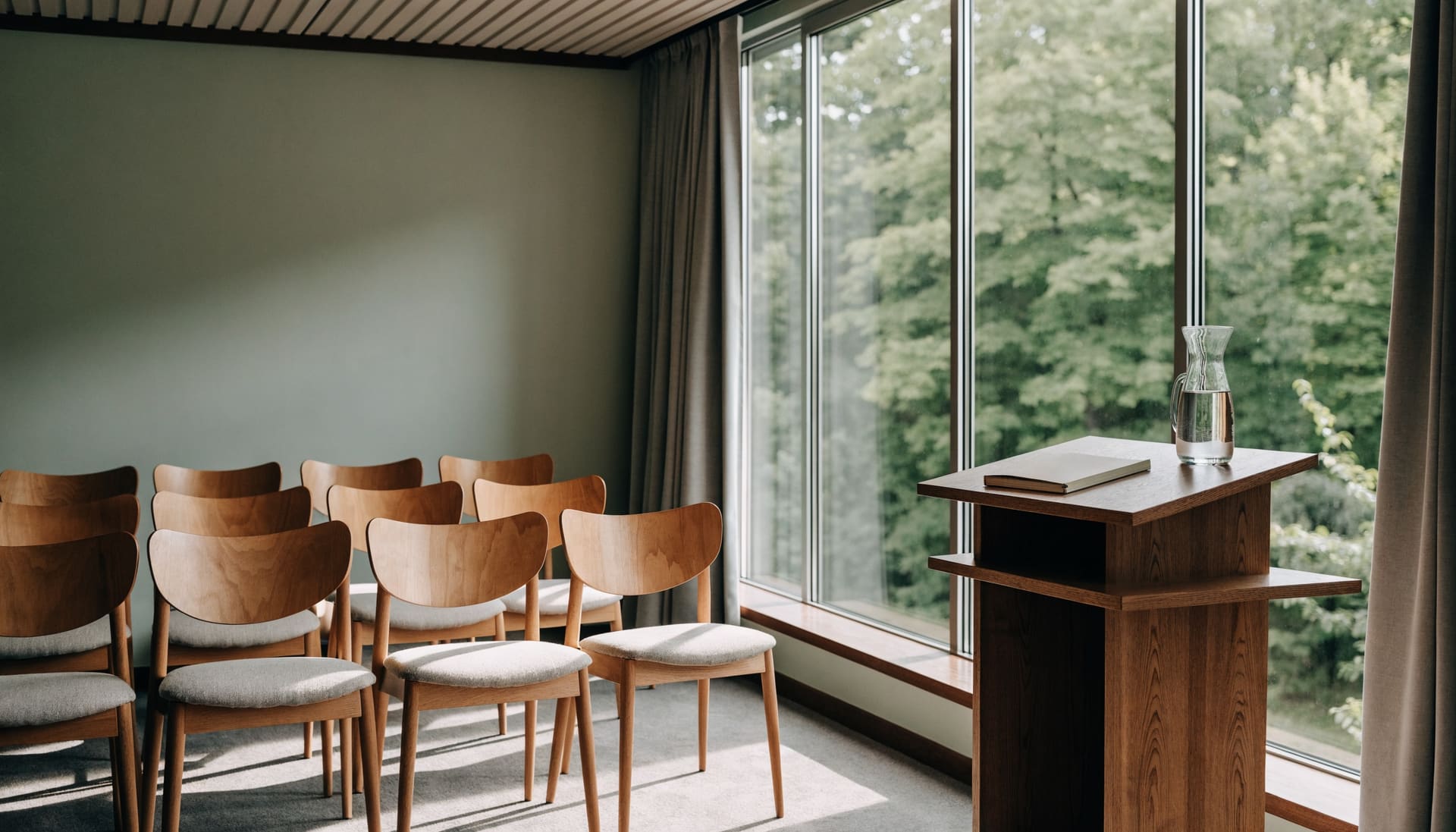 Rauhallinen seminaaritila, jossa tuoleja ja luentopöytä ikkunan edessä (kuvituskuva)